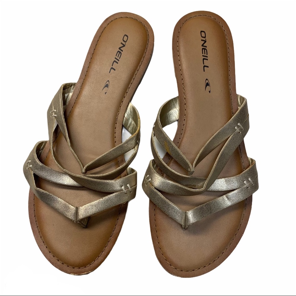 {O’Neill} Light Gold Strappy Sandals Flats Size 8 Women’s Shimmer Metallic
